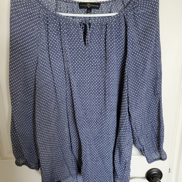 Fred David Tops - Lightweight, navy blue and white polkadot blouse